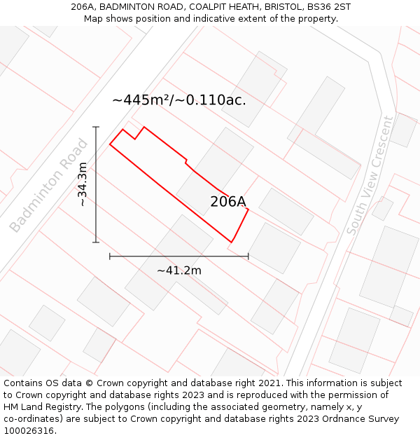 206A, BADMINTON ROAD, COALPIT HEATH, BRISTOL, BS36 2ST: Plot and title map