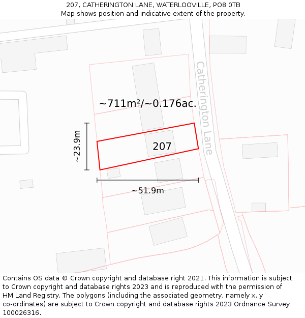 207, CATHERINGTON LANE, WATERLOOVILLE, PO8 0TB: Plot and title map