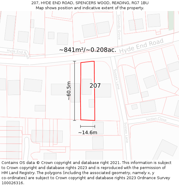 207, HYDE END ROAD, SPENCERS WOOD, READING, RG7 1BU: Plot and title map