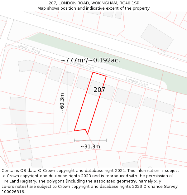 207, LONDON ROAD, WOKINGHAM, RG40 1SP: Plot and title map