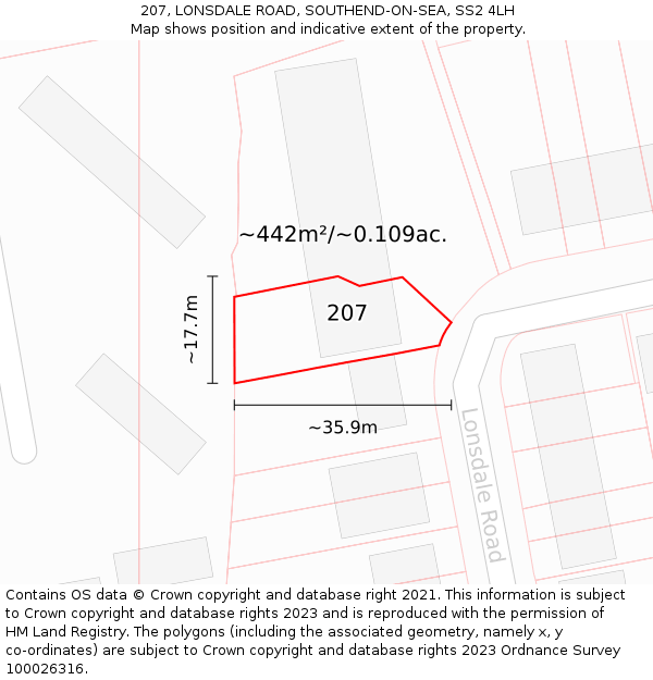 207, LONSDALE ROAD, SOUTHEND-ON-SEA, SS2 4LH: Plot and title map