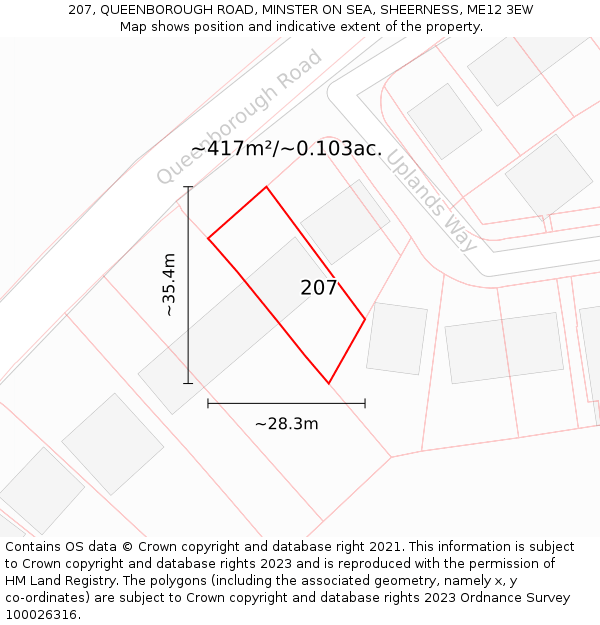 207, QUEENBOROUGH ROAD, MINSTER ON SEA, SHEERNESS, ME12 3EW: Plot and title map