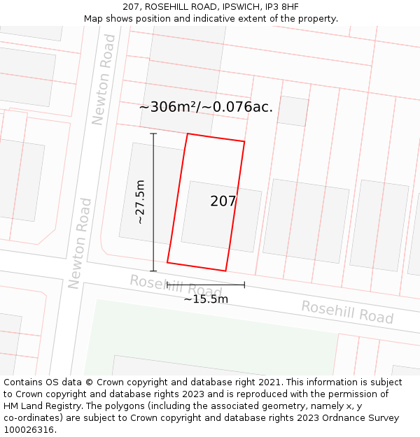 207, ROSEHILL ROAD, IPSWICH, IP3 8HF: Plot and title map