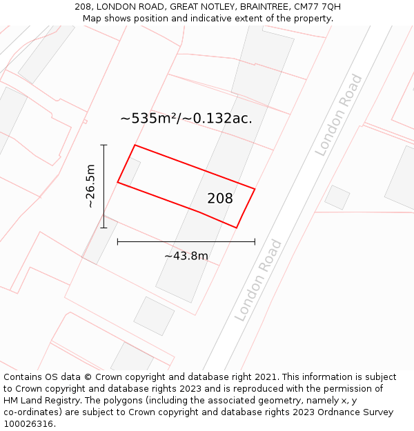 208, LONDON ROAD, GREAT NOTLEY, BRAINTREE, CM77 7QH: Plot and title map