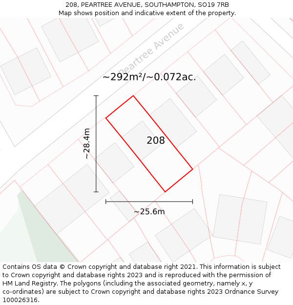 208, PEARTREE AVENUE, SOUTHAMPTON, SO19 7RB: Plot and title map