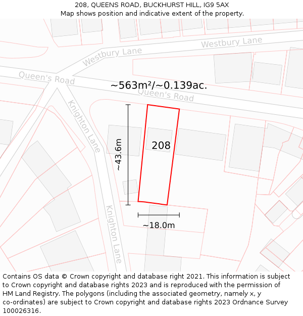 208, QUEENS ROAD, BUCKHURST HILL, IG9 5AX: Plot and title map