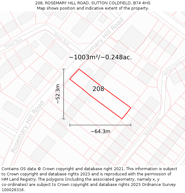 208, ROSEMARY HILL ROAD, SUTTON COLDFIELD, B74 4HS: Plot and title map