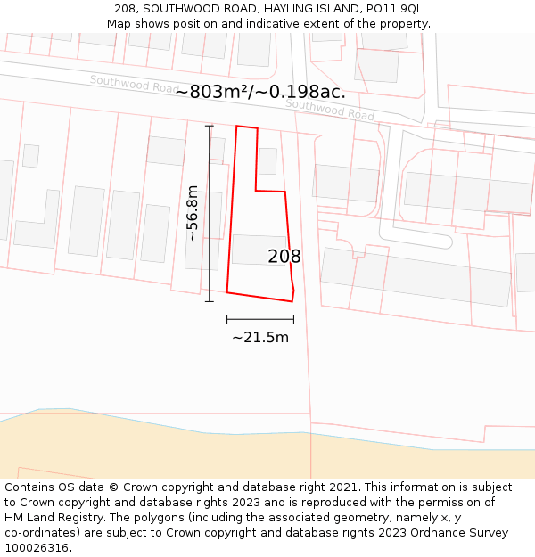 208, SOUTHWOOD ROAD, HAYLING ISLAND, PO11 9QL: Plot and title map