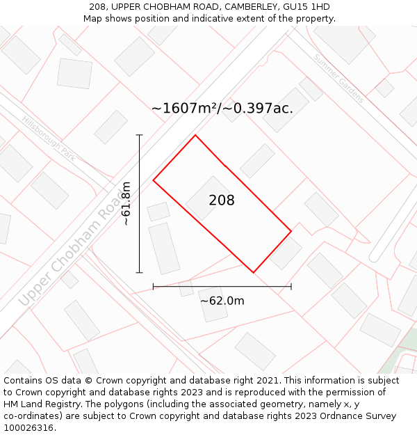 208, UPPER CHOBHAM ROAD, CAMBERLEY, GU15 1HD: Plot and title map