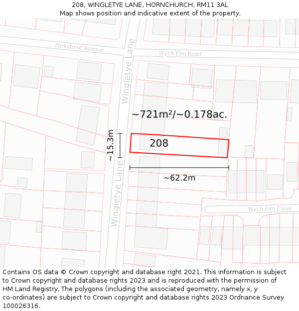 208, WINGLETYE LANE, HORNCHURCH, RM11 3AL: Plot and title map