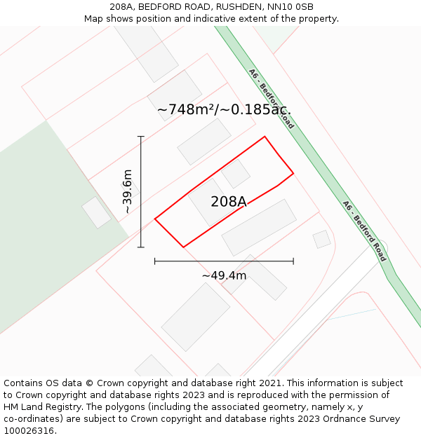 208A, BEDFORD ROAD, RUSHDEN, NN10 0SB: Plot and title map