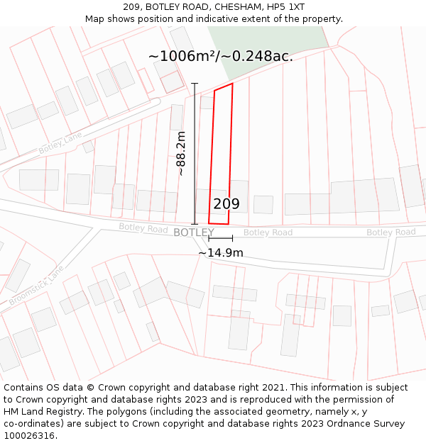 209, BOTLEY ROAD, CHESHAM, HP5 1XT: Plot and title map