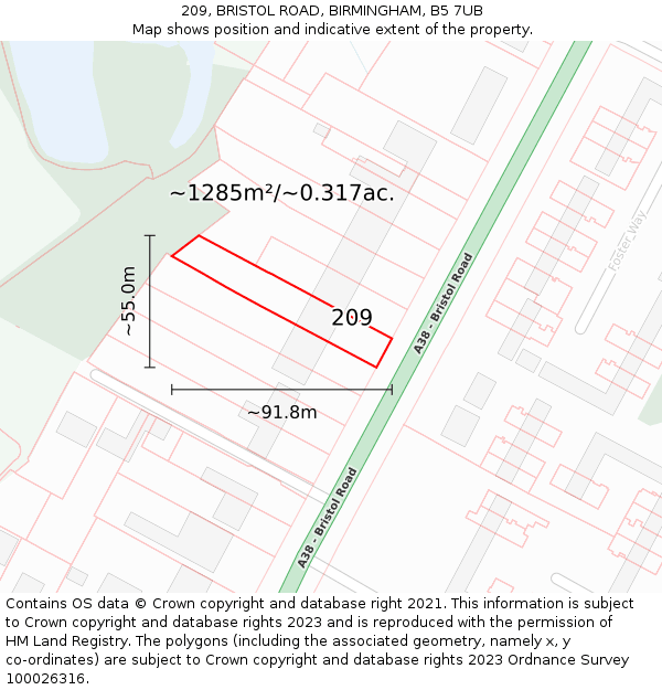 209, BRISTOL ROAD, BIRMINGHAM, B5 7UB: Plot and title map