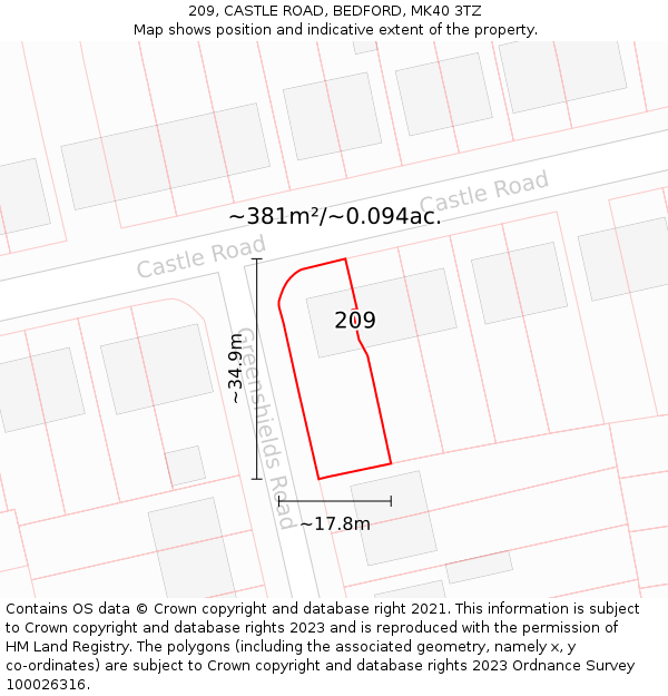 209, CASTLE ROAD, BEDFORD, MK40 3TZ: Plot and title map