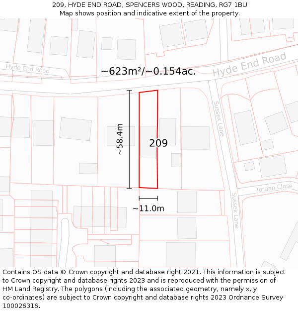 209, HYDE END ROAD, SPENCERS WOOD, READING, RG7 1BU: Plot and title map