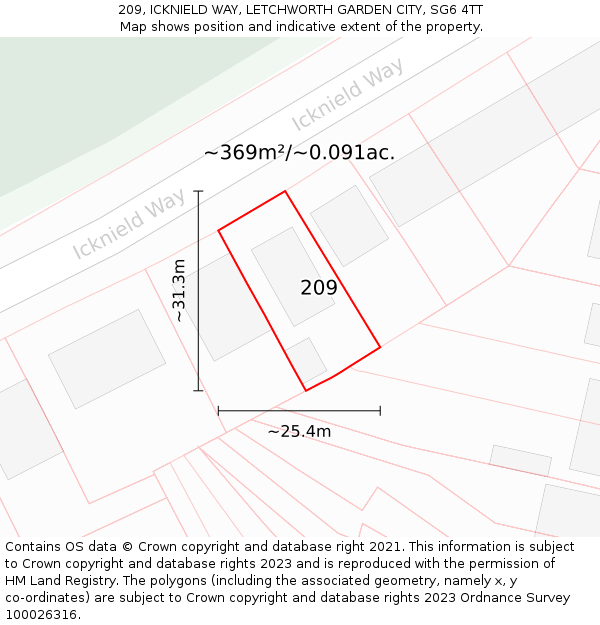 209, ICKNIELD WAY, LETCHWORTH GARDEN CITY, SG6 4TT: Plot and title map