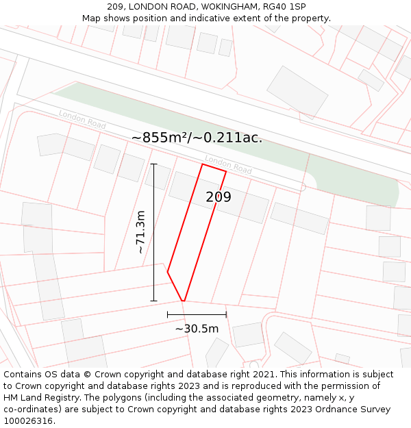 209, LONDON ROAD, WOKINGHAM, RG40 1SP: Plot and title map