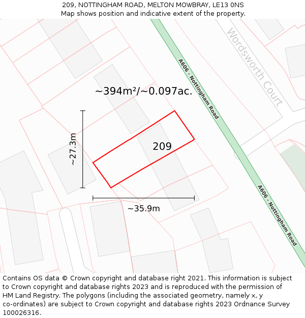 209, NOTTINGHAM ROAD, MELTON MOWBRAY, LE13 0NS: Plot and title map