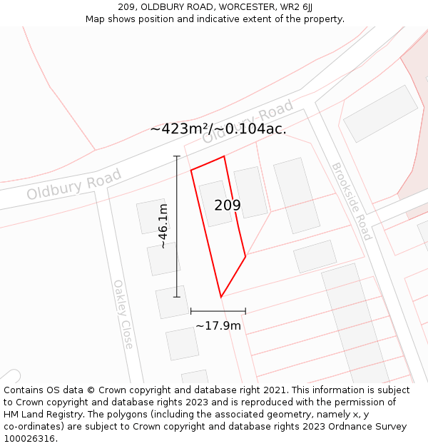 209, OLDBURY ROAD, WORCESTER, WR2 6JJ: Plot and title map