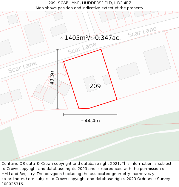 209, SCAR LANE, HUDDERSFIELD, HD3 4PZ: Plot and title map