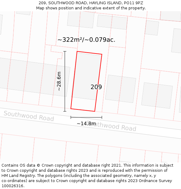 209, SOUTHWOOD ROAD, HAYLING ISLAND, PO11 9PZ: Plot and title map