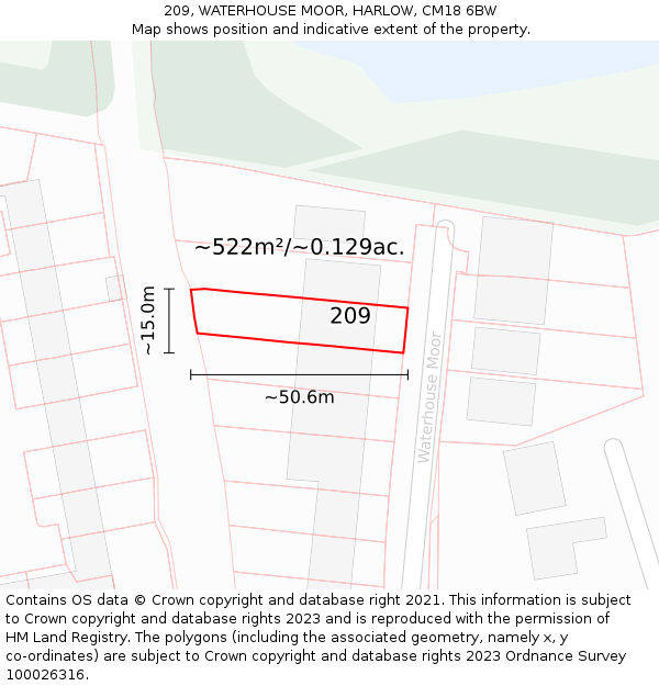 209, WATERHOUSE MOOR, HARLOW, CM18 6BW: Plot and title map