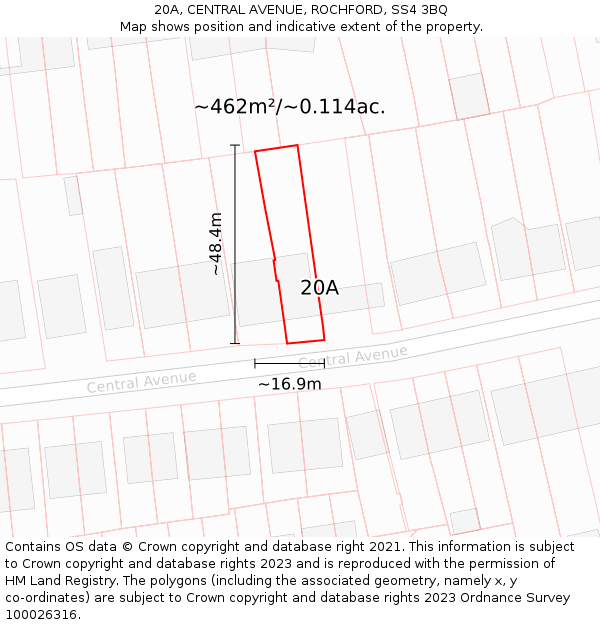 20A, CENTRAL AVENUE, ROCHFORD, SS4 3BQ: Plot and title map