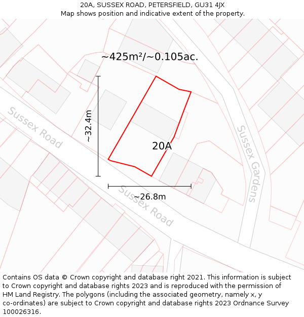 20A, SUSSEX ROAD, PETERSFIELD, GU31 4JX: Plot and title map