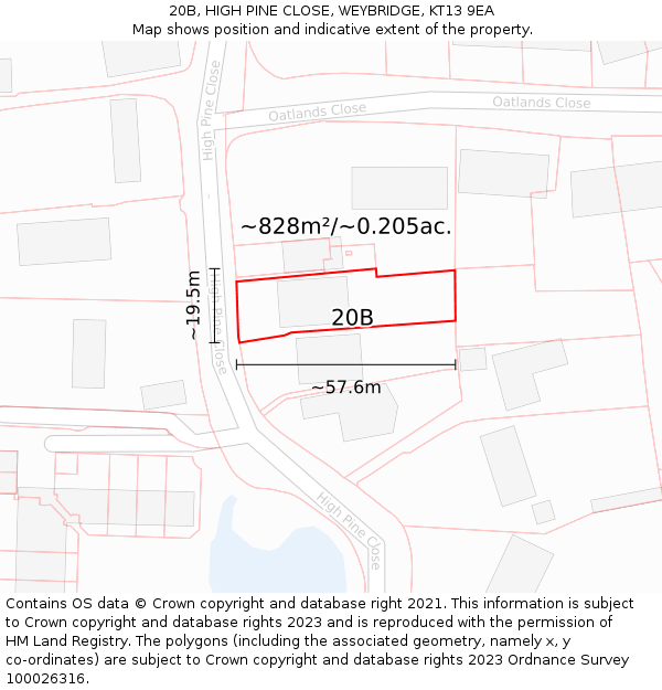 20B, HIGH PINE CLOSE, WEYBRIDGE, KT13 9EA: Plot and title map