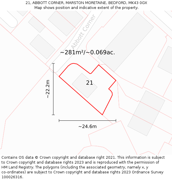 21, ABBOTT CORNER, MARSTON MORETAINE, BEDFORD, MK43 0GX: Plot and title map