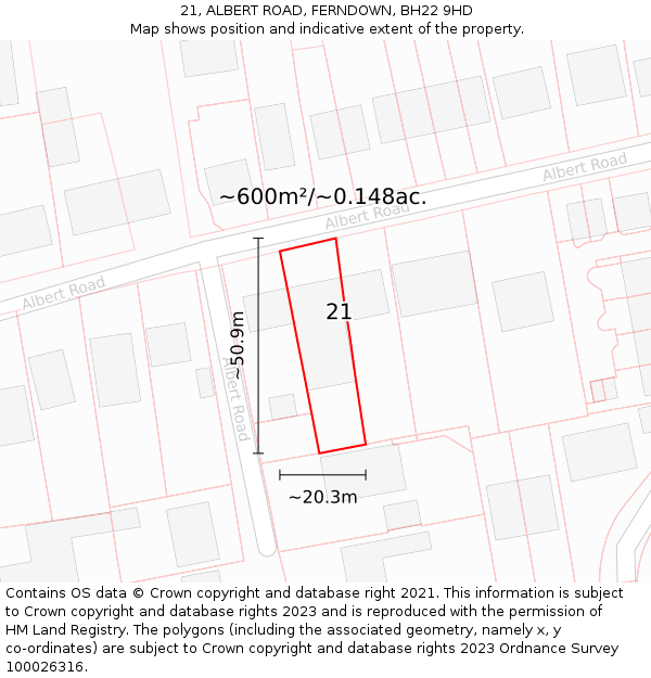 21, ALBERT ROAD, FERNDOWN, BH22 9HD: Plot and title map