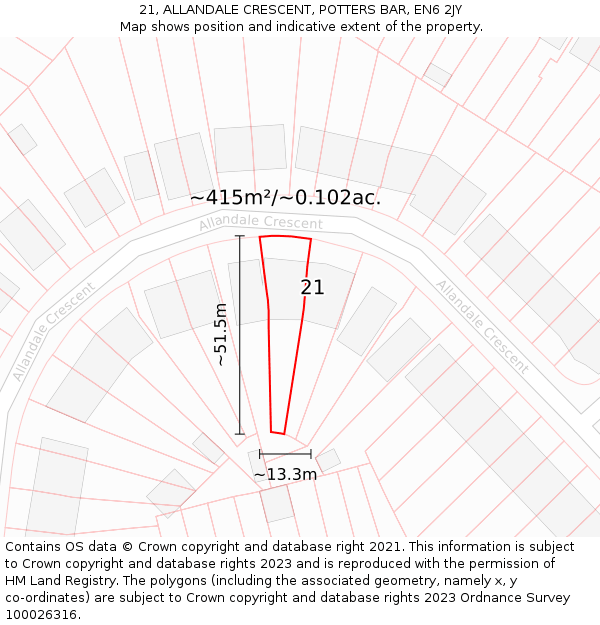 21, ALLANDALE CRESCENT, POTTERS BAR, EN6 2JY: Plot and title map