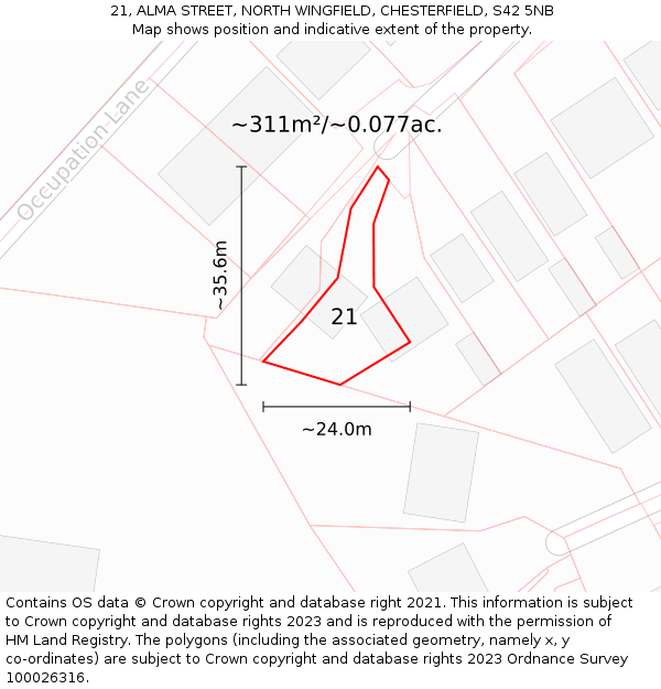 21, ALMA STREET, NORTH WINGFIELD, CHESTERFIELD, S42 5NB: Plot and title map