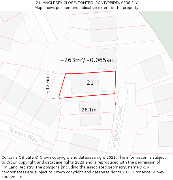 21, ANGLESEY CLOSE, TONTEG, PONTYPRIDD, CF38 1LY: Plot and title map