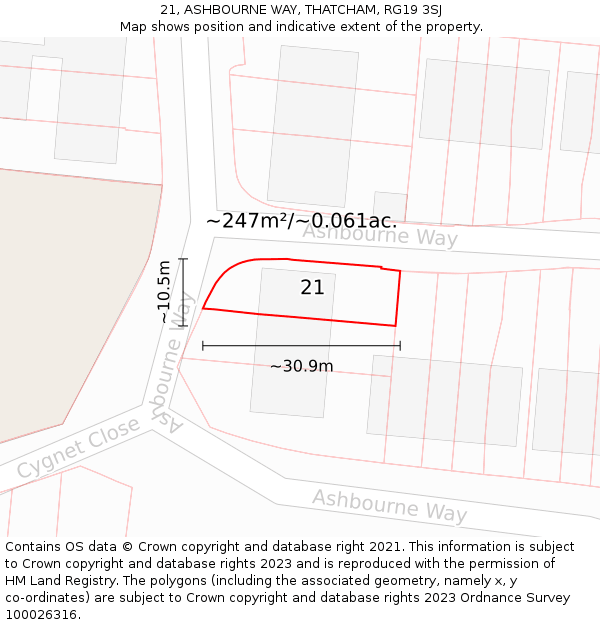 21, ASHBOURNE WAY, THATCHAM, RG19 3SJ: Plot and title map