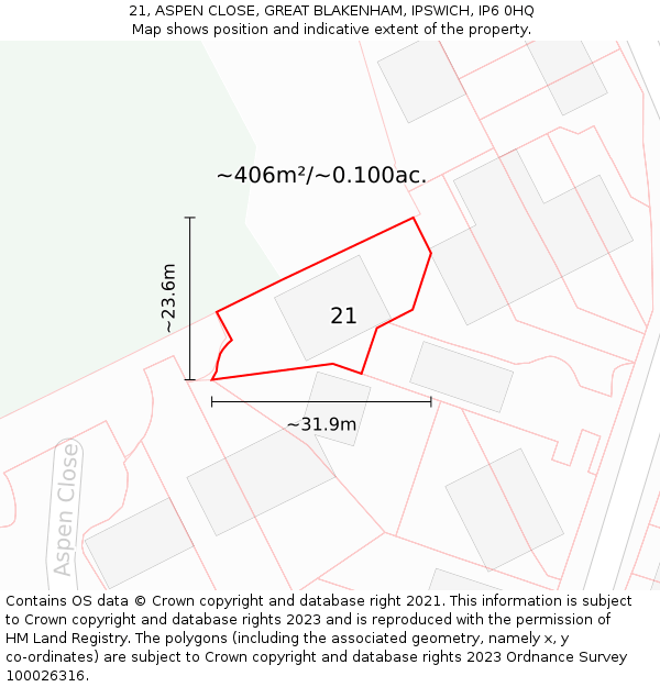 21, ASPEN CLOSE, GREAT BLAKENHAM, IPSWICH, IP6 0HQ: Plot and title map