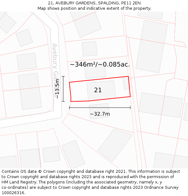 21, AVEBURY GARDENS, SPALDING, PE11 2EN: Plot and title map