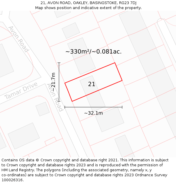 21, AVON ROAD, OAKLEY, BASINGSTOKE, RG23 7DJ: Plot and title map