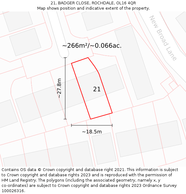 21, BADGER CLOSE, ROCHDALE, OL16 4QR: Plot and title map