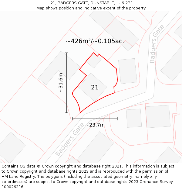 21, BADGERS GATE, DUNSTABLE, LU6 2BF: Plot and title map