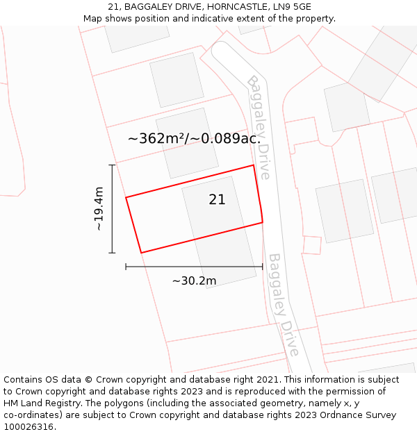21, BAGGALEY DRIVE, HORNCASTLE, LN9 5GE: Plot and title map