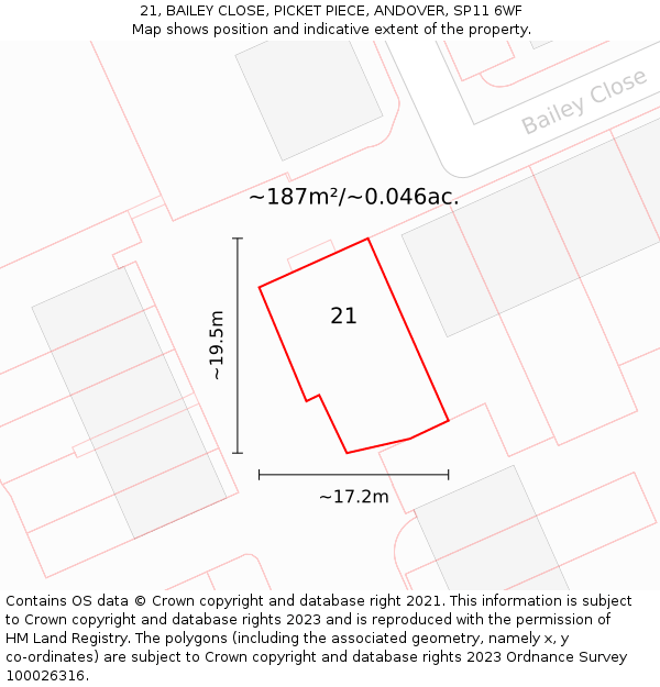 21, BAILEY CLOSE, PICKET PIECE, ANDOVER, SP11 6WF: Plot and title map