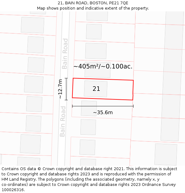 21, BAIN ROAD, BOSTON, PE21 7QE: Plot and title map