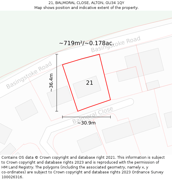21, BALMORAL CLOSE, ALTON, GU34 1QY: Plot and title map