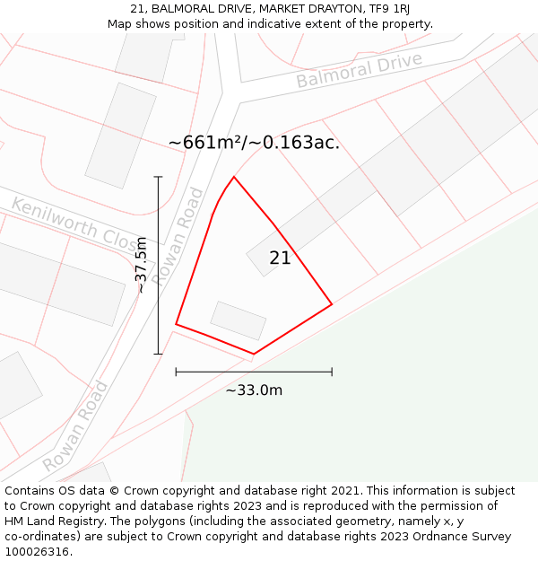 21, BALMORAL DRIVE, MARKET DRAYTON, TF9 1RJ: Plot and title map