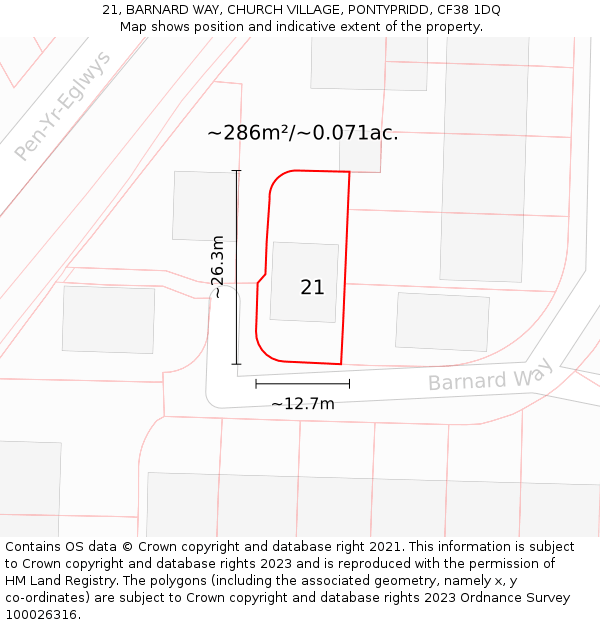 21, BARNARD WAY, CHURCH VILLAGE, PONTYPRIDD, CF38 1DQ: Plot and title map