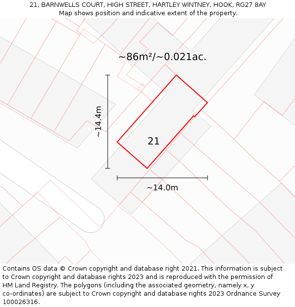 21, BARNWELLS COURT, HIGH STREET, HARTLEY WINTNEY, HOOK, RG27 8AY: Plot and title map