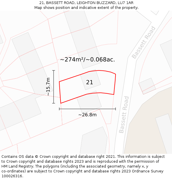 21, BASSETT ROAD, LEIGHTON BUZZARD, LU7 1AR: Plot and title map