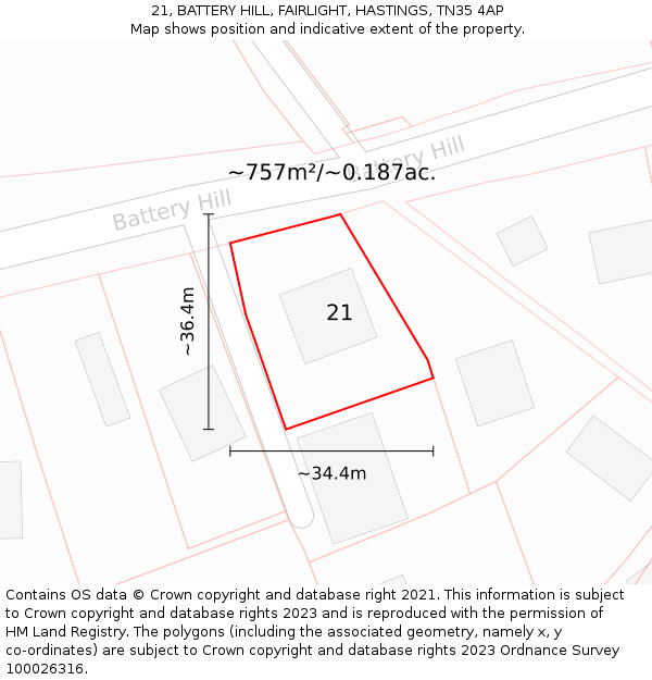 21, BATTERY HILL, FAIRLIGHT, HASTINGS, TN35 4AP: Plot and title map