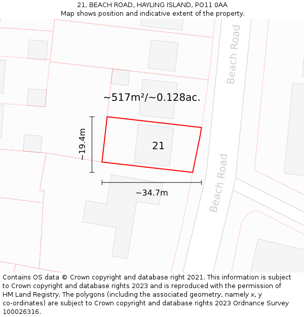 21, BEACH ROAD, HAYLING ISLAND, PO11 0AA: Plot and title map